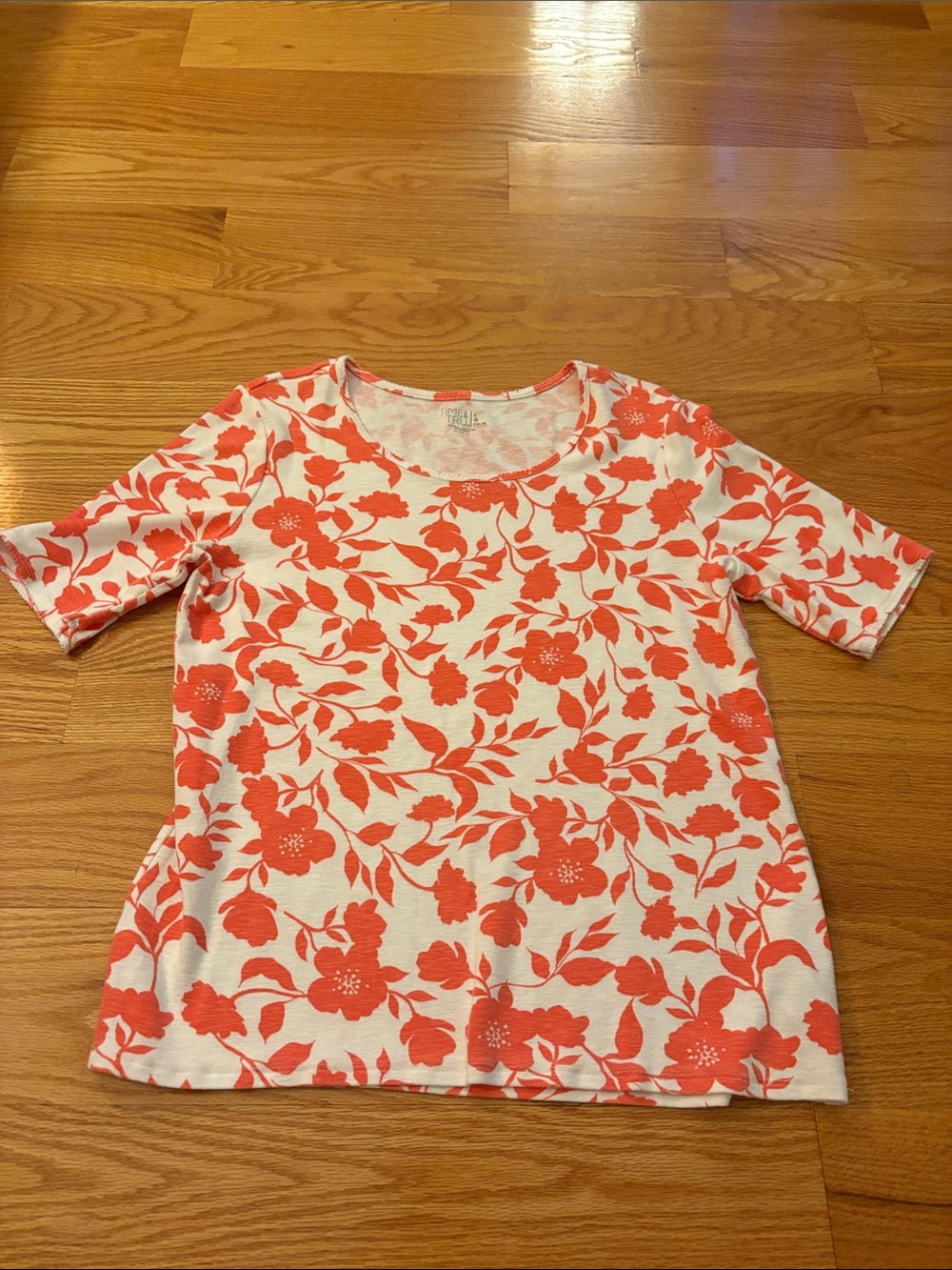 Time and Tru White Tee with Coral Floral Print
